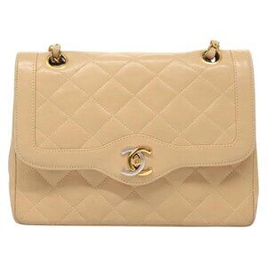 CHANEL Matelasse Chain Shoulder Bag Lamb Skin Paris Only Beige CC Auth bs26545